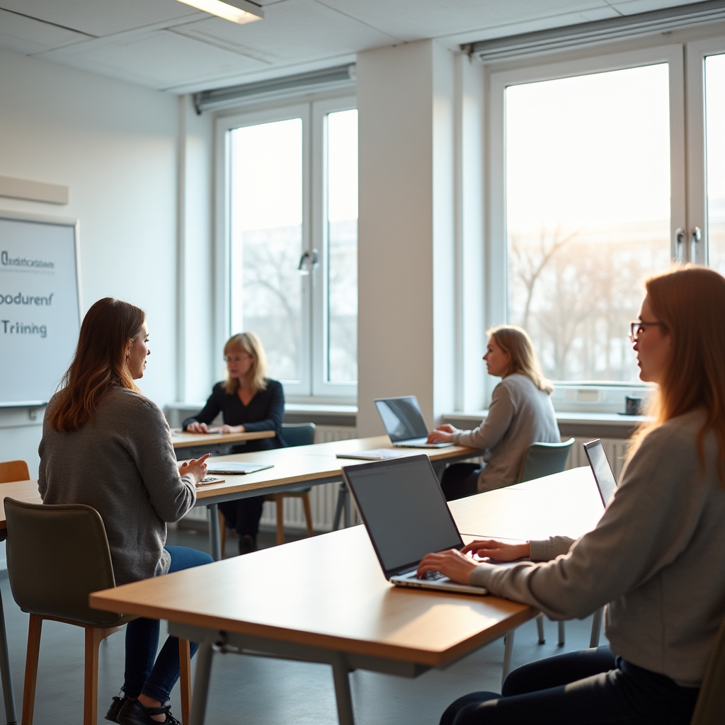 Erwachsene Person nimmt an beruflicher Umschulung in modernem Klassenraum teil